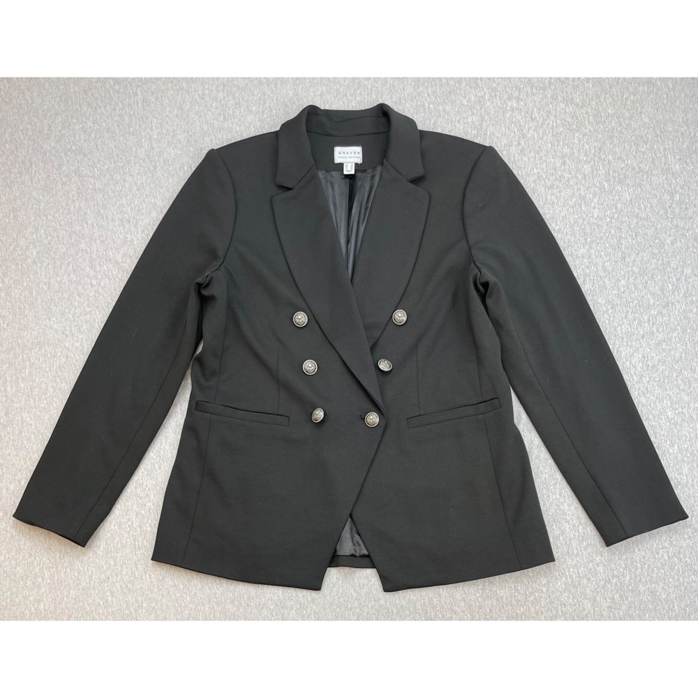 Susan Graver Blazer Womens 12 Black Stretch Double Breasted Long Sleeve